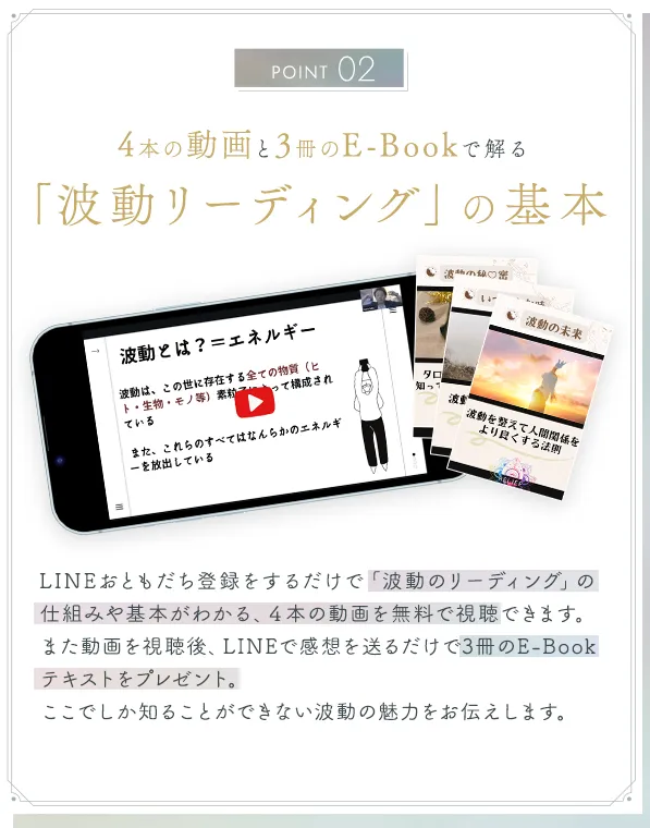 ポイント2｜4本の動画と3冊のE-Bookで解る、「波動リーディング」の基本